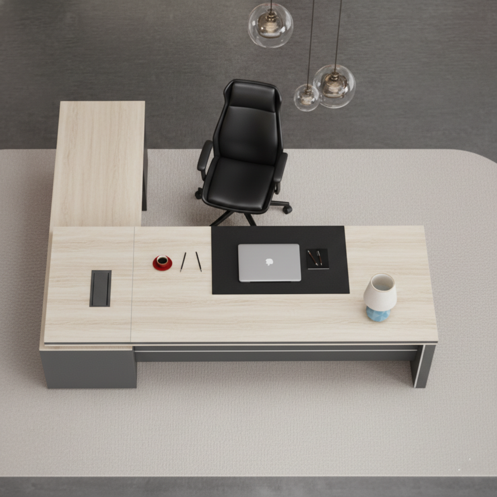 Luxury Modern L-Shape Director Table with Integrated Side Storage, Light Wood Finish, Open Shelves, Soft-Edge Panels & Spacious Executive Worktop