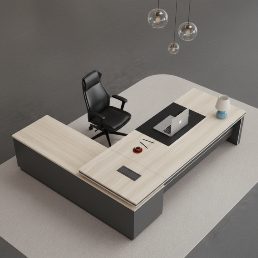 Luxury Modern L-Shape Director Table with Integrated Side Storage, Light Wood Finish, Open Shelves, Soft-Edge Panels & Spacious Executive Worktop