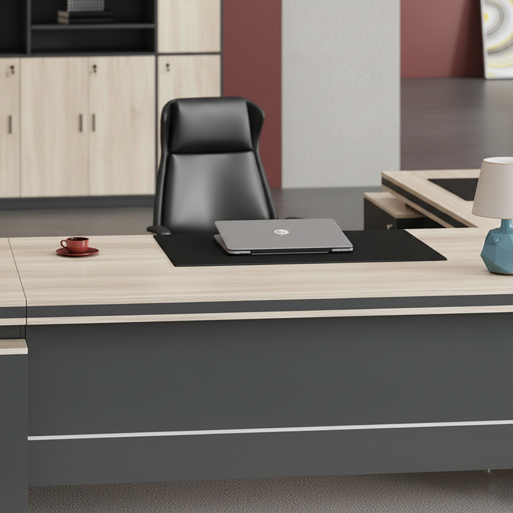 Luxury Modern L-Shape Director Table with Integrated Side Storage, Light Wood Finish, Open Shelves, Soft-Edge Panels & Spacious Executive Worktop