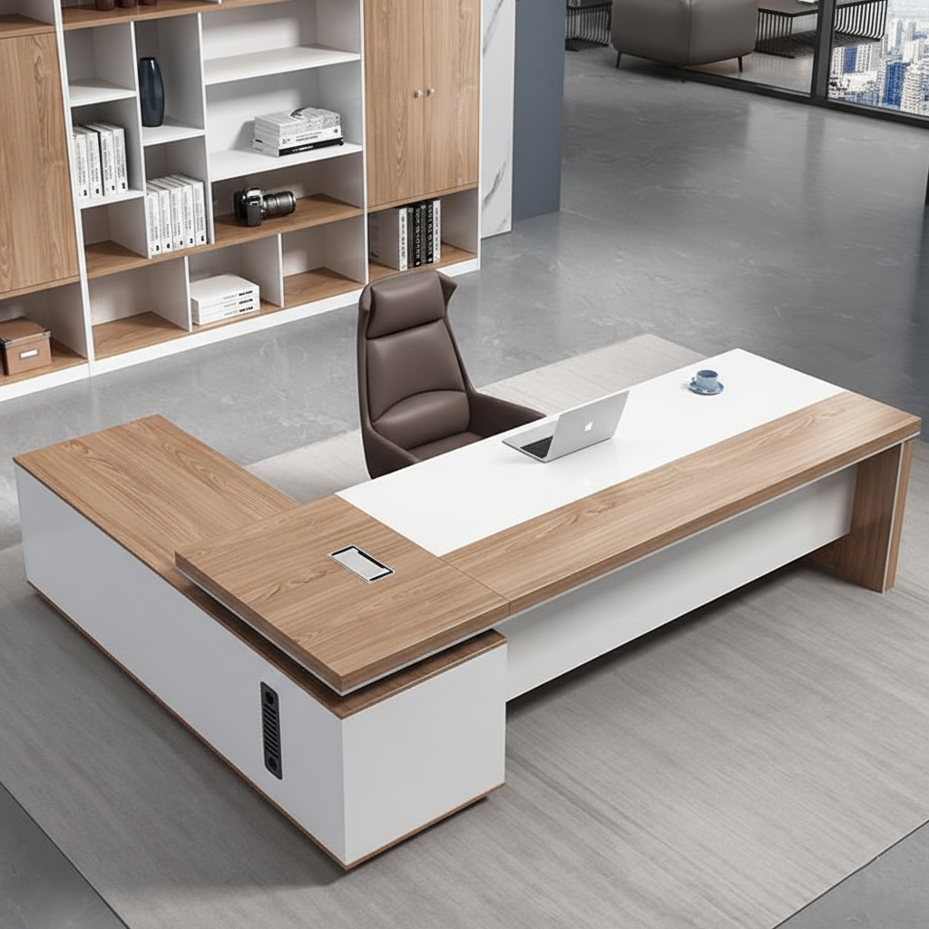 Luxury Modern Executive Director Table with Natural Wood Finish, White Panel Base, Integrated Side Storage, Cable Management & Spacious Premium Worktop