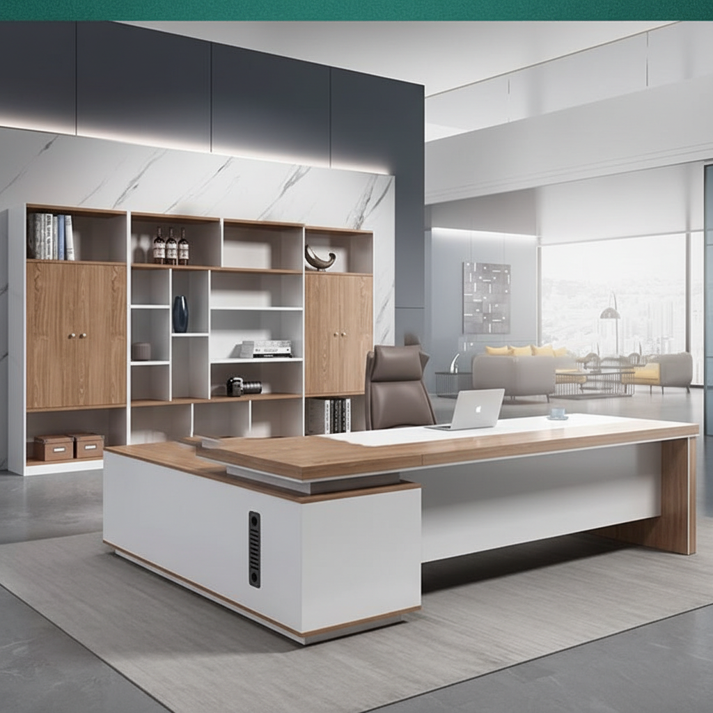 Luxury Modern Executive Director Table with Natural Wood Finish, White Panel Base, Integrated Side Storage, Cable Management & Spacious Premium Worktop