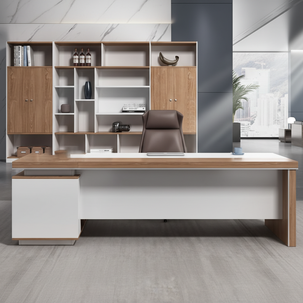 Luxury Modern Executive Director Table with Natural Wood Finish, White Panel Base, Integrated Side Storage, Cable Management & Spacious Premium Worktop
