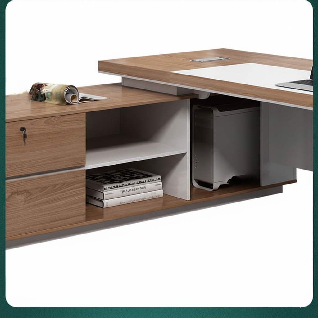 Luxury Modern Executive Director Table with Natural Wood Finish, White Panel Base, Integrated Side Storage, Cable Management & Spacious Premium Worktop