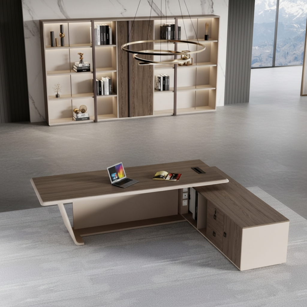 Luxury Modern Executive Director Table with Fluted Front Panel, Dark Wood Top, Side Storage Unit & Premium Designer Work Surface