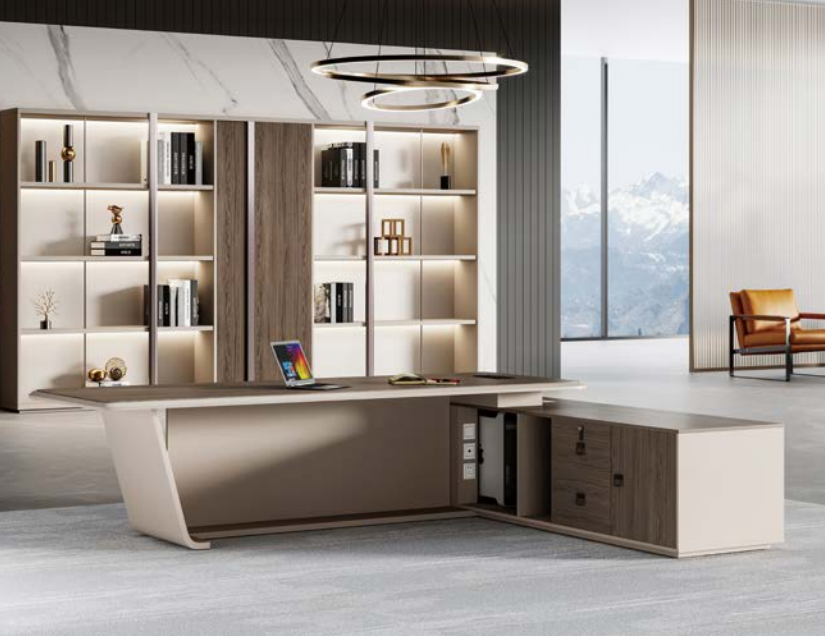 Luxury Modern Executive Director Table with Fluted Front Panel, Dark Wood Top, Side Storage Unit & Premium Designer Work Surface