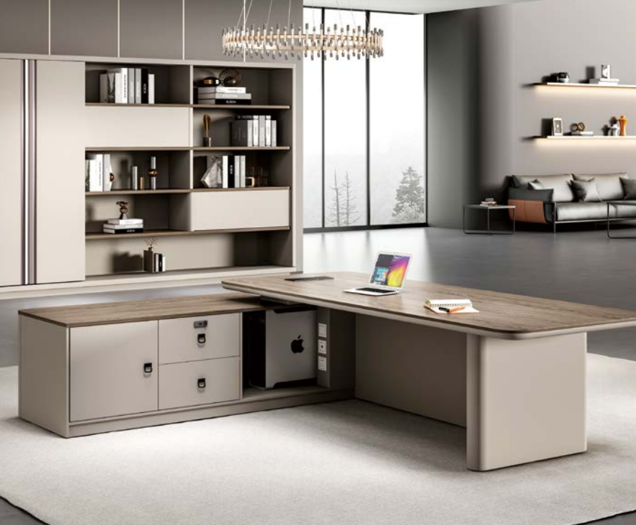 Luxury Modern Executive Director Table with Fluted Front Panel, Dark Wood Top, Side Storage Unit & Premium Designer Work Surface