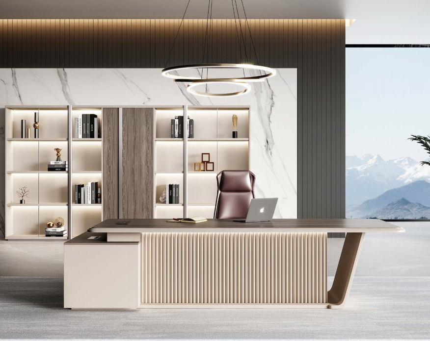 Luxury Modern Executive Director Table with Fluted Front Panel, Dark Wood Top, Side Storage Unit & Premium Designer Work Surface