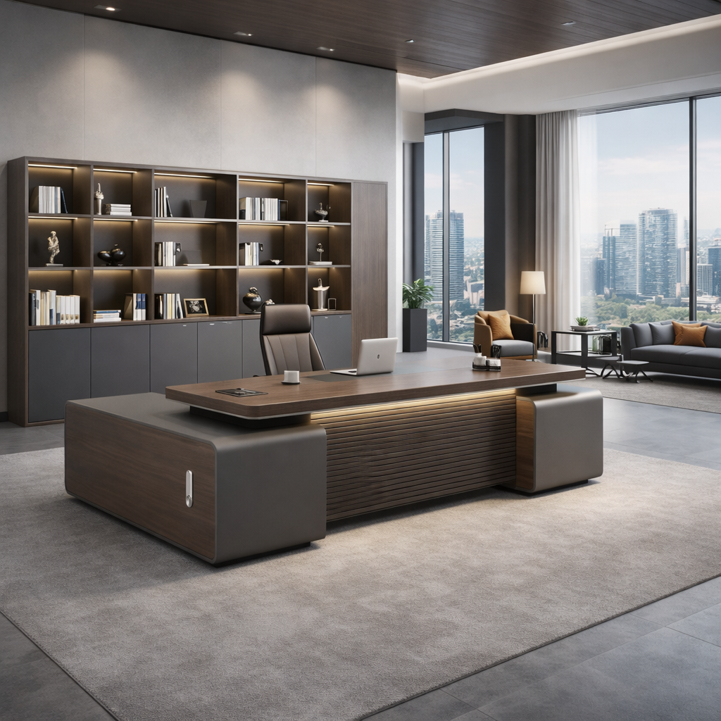 Luxury Modern Executive Director Table with Fluted Front Panel, Integrated Side Storage, Cable Management Extra-Wide Premium Work Surface