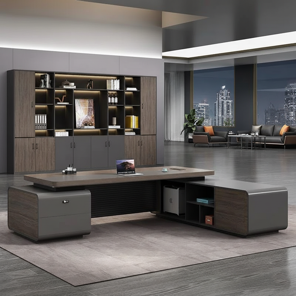 Luxury Modern Executive Director Table with Fluted Front Panel, Integrated Side Storage, Cable Management Extra-Wide Premium Work Surface