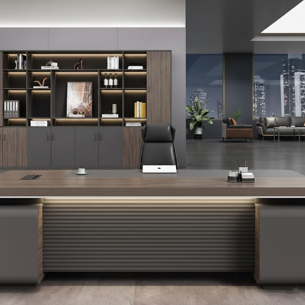 Luxury Modern Executive Director Table with Fluted Front Panel, Integrated Side Storage, Cable Management Extra-Wide Premium Work Surface