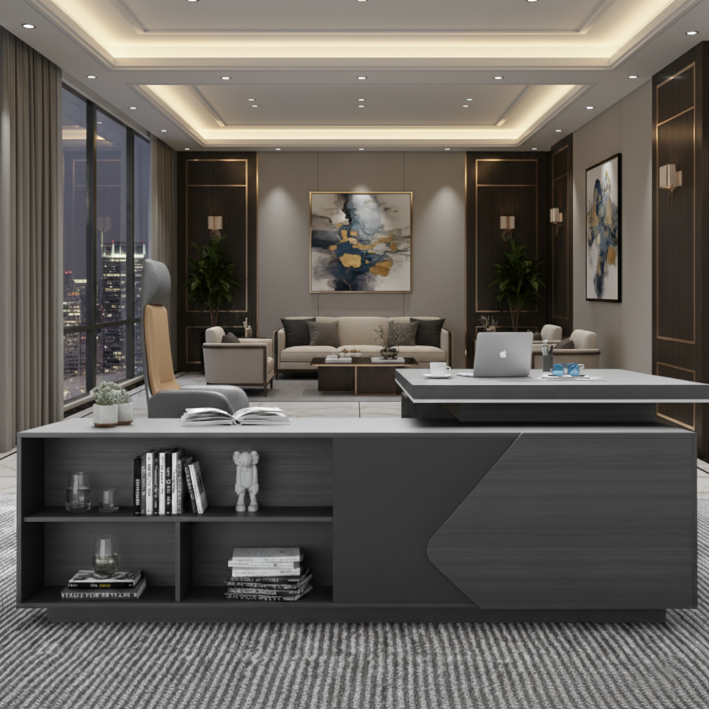 Luxury Modern Executive Director Table with Side Storage, Cable Management, Premium Wood Finish – Corporate Office Desk