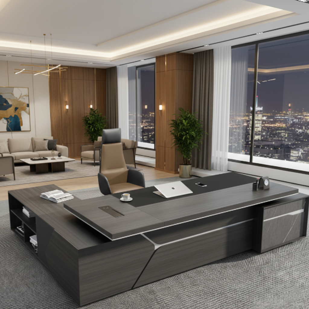 Luxury Modern Executive Director Table with Side Storage, Cable Management, Premium Wood Finish – Corporate Office Desk