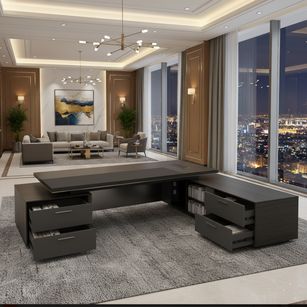 Luxury Modern Executive Director Table with Side Storage, Cable Management, Premium Wood Finish – Corporate Office Desk