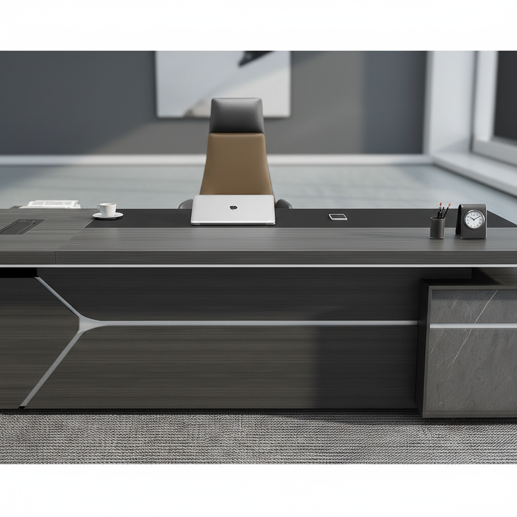 Luxury Modern Executive Director Table with Side Storage, Cable Management, Premium Wood Finish – Corporate Office Desk