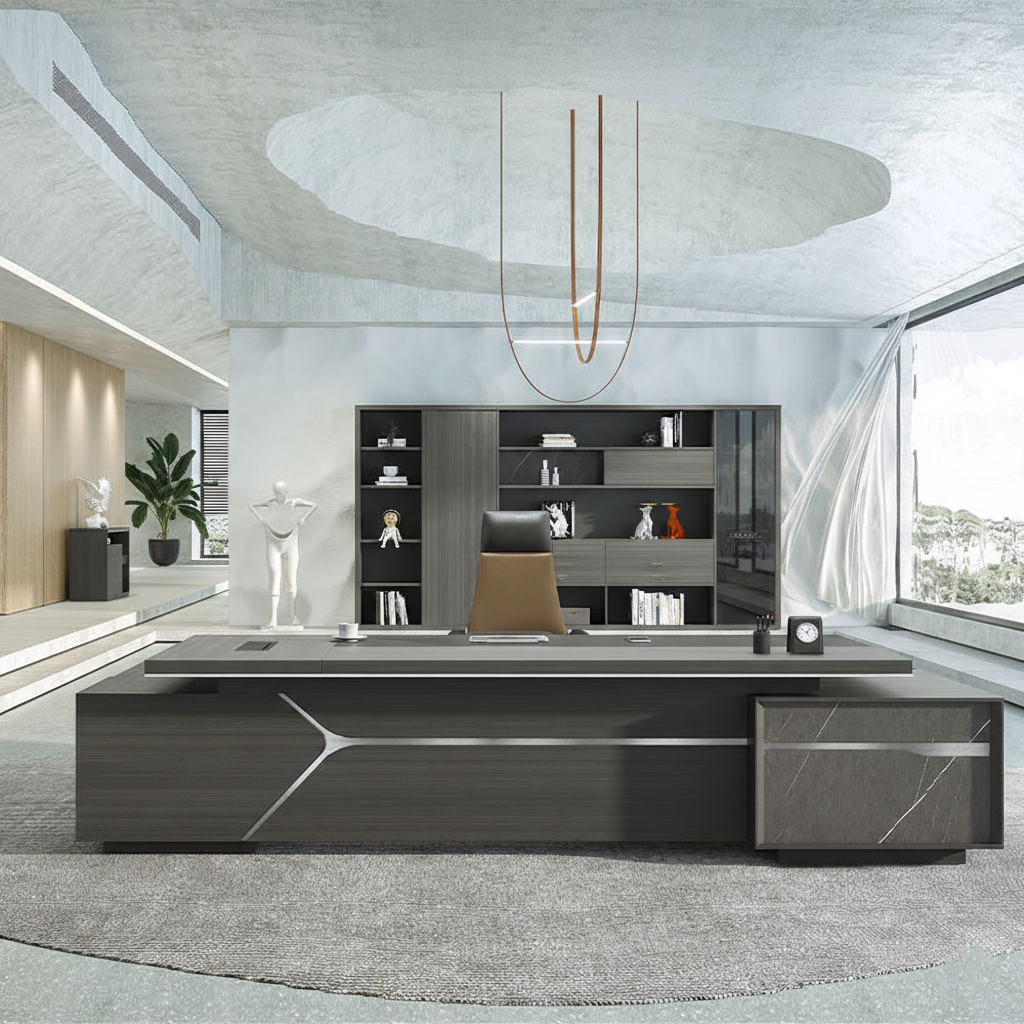 Luxury Modern Executive Director Table with Side Storage, Cable Management, Premium Wood Finish – Corporate Office Desk