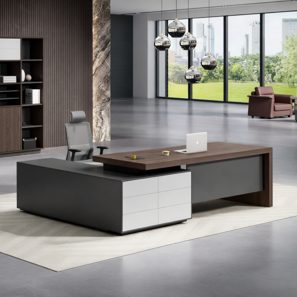 Luxury Modern Executive Director Table with Side Storage, Wooden Top & Matte Grey Finish – Premium Office Furniture