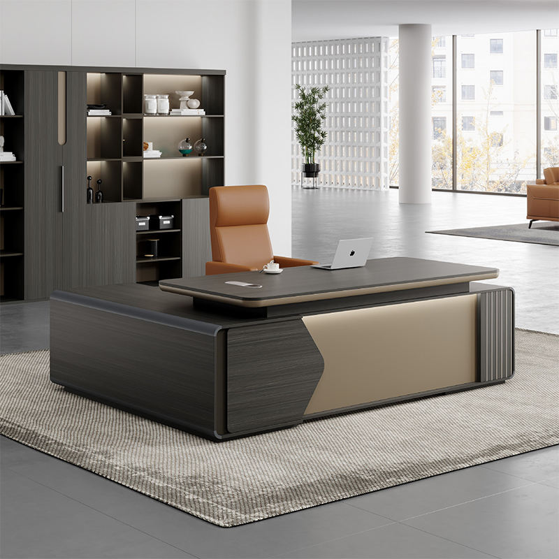 Luxury Modern Executive L Shape Director Table with Side Storage Dark Wood Finish & Gold Accent Panel