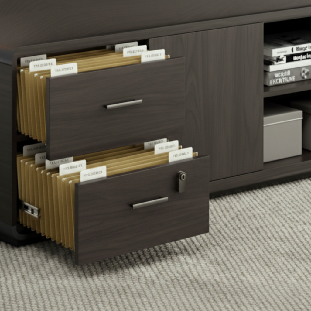 Luxury Modern Executive L Shape Director Table with Side Storage Dark Wood Finish & Gold Accent Panel