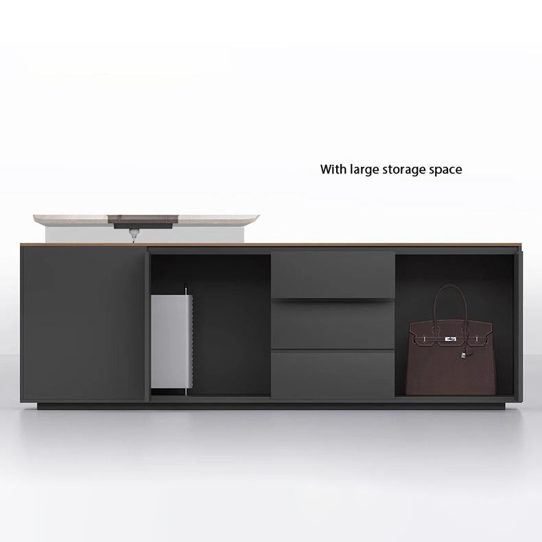 ডিরেক্টর এল-শেপ অফিস টেবিল আধুনিক ডেস্ক ড্রয়ার, রিভার্সিবল ওরিয়েন্টেশন, সিপিইউ স্টোরেজ এবং ওয়্যার ম্যানেজমেন্ট সহ পার্টিকেল বোর্ডে তৈরি