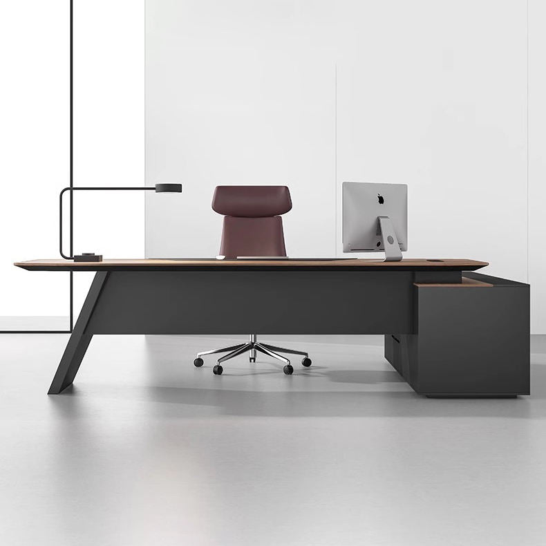 ডিরেক্টর এল-শেপ অফিস টেবিল আধুনিক ডেস্ক ড্রয়ার, রিভার্সিবল ওরিয়েন্টেশন, সিপিইউ স্টোরেজ এবং ওয়্যার ম্যানেজমেন্ট সহ পার্টিকেল বোর্ডে তৈরি