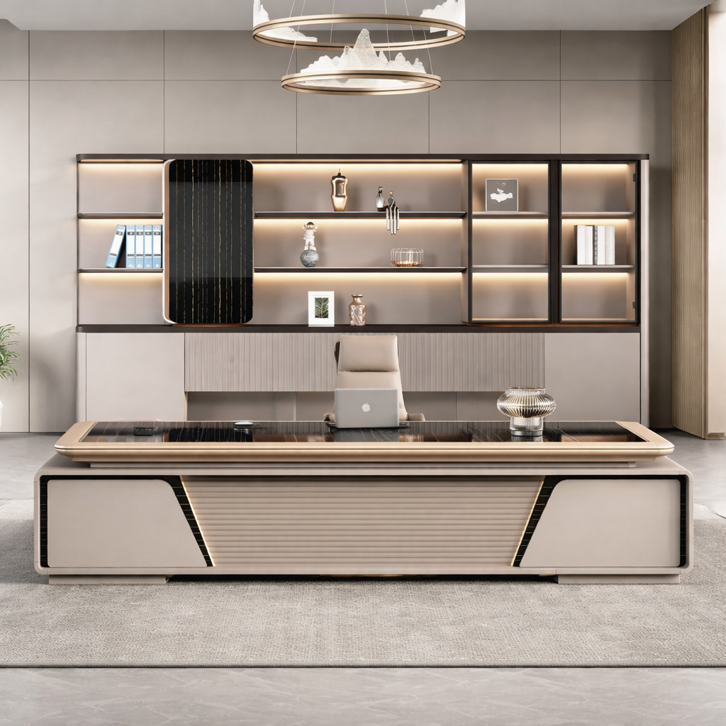 Luxury L-Shape Director Table for Office Furniture with Premium Office Desk with Glossy Top, Soft Curved Design, Integrated Front Panel & Modern Luxury Finish