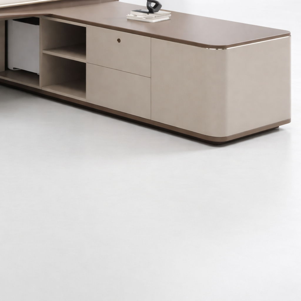 ডিরেক্টর এল-শেপ অফিস টেবিল আধুনিক ডেস্ক ড্রয়ার, রিভার্সিবল ওরিয়েন্টেশন, সিপিইউ স্টোরেজ এবং ওয়্যার ম্যানেজমেন্ট সহ পার্টিকেল বোর্ডে তৈরি