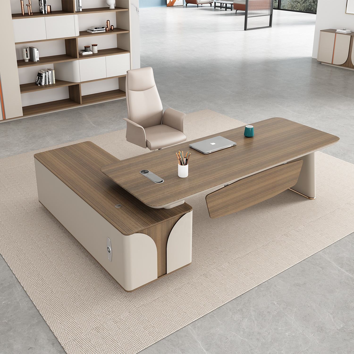 डायरेक्टर एल-आकार का ऑफिस टेबल, आधुनिक डेस्क, पार्टिकल बोर्ड से बना, दराज, रिवर्सिबल ओरिएंटेशन, सीपीयू स्टोरेज और वायर मैनेजमेंट के साथ