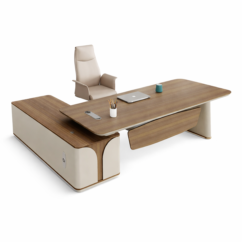 Director L-Shape Office Table Luxury & Modern Desk with Drawer, Reversible Orientation, CPU Storage