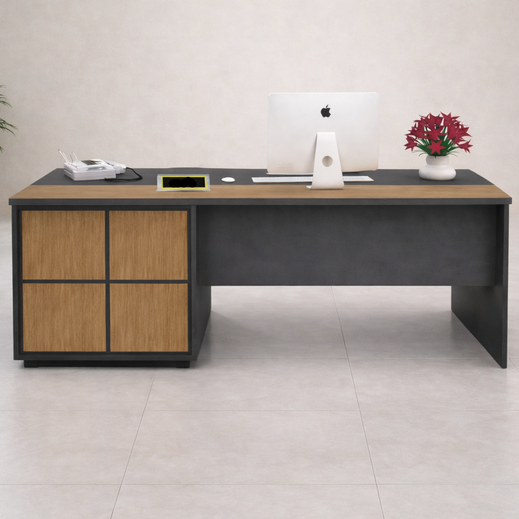 ডিরেক্টর এল-শেপ অফিস টেবিল আধুনিক ডেস্ক ড্রয়ার, রিভার্সিবল ওরিয়েন্টেশন, সিপিইউ স্টোরেজ এবং ওয়্যার ম্যানেজমেন্ট সহ পার্টিকেল বোর্ডে তৈরি