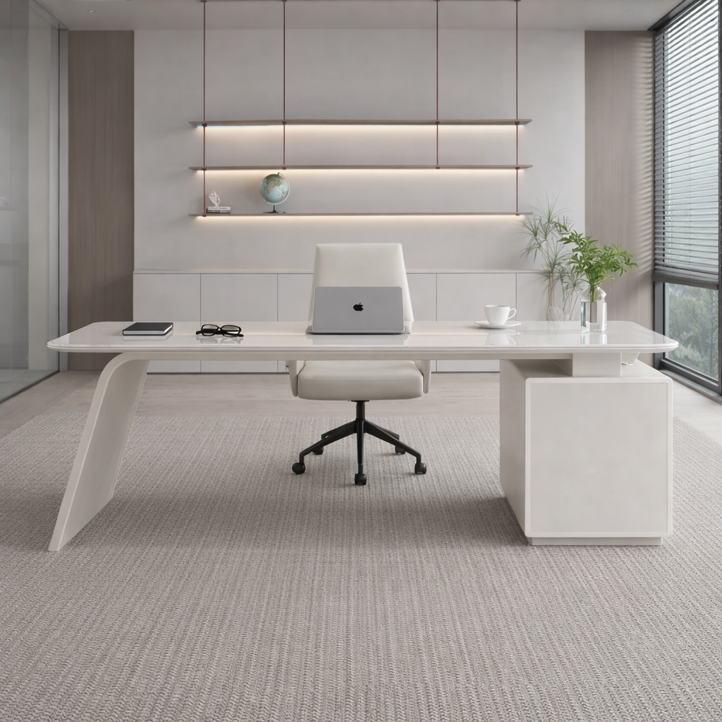 Luxury Modern Director Table with Curved Leg Design and Premium Executive Office Desk, Minimal White Boss Cabin Table for Corporate Offices