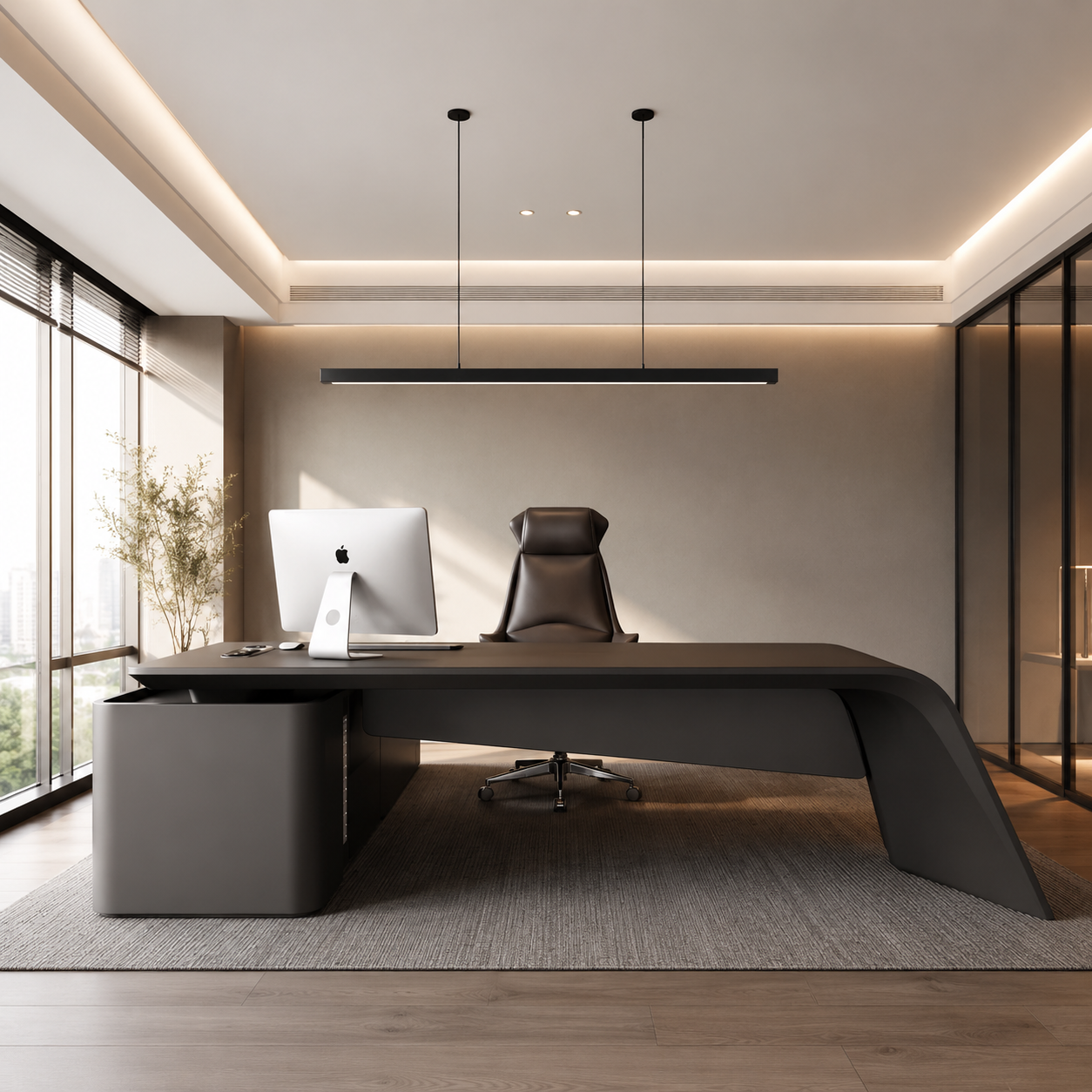 Luxury CEO Director Table - Marble Finish Executive Desk with Integrated Storage, PU Accents And Modern L-Shape Design