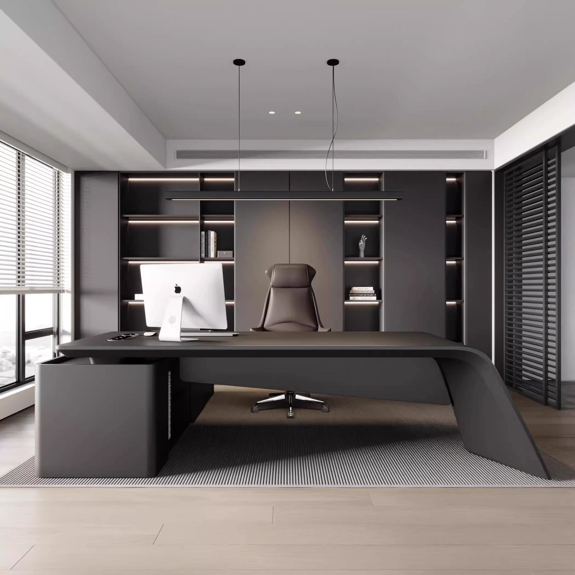 Luxury CEO Director Table - Marble Finish Executive Desk with Integrated Storage, PU Accents And Modern L-Shape Design