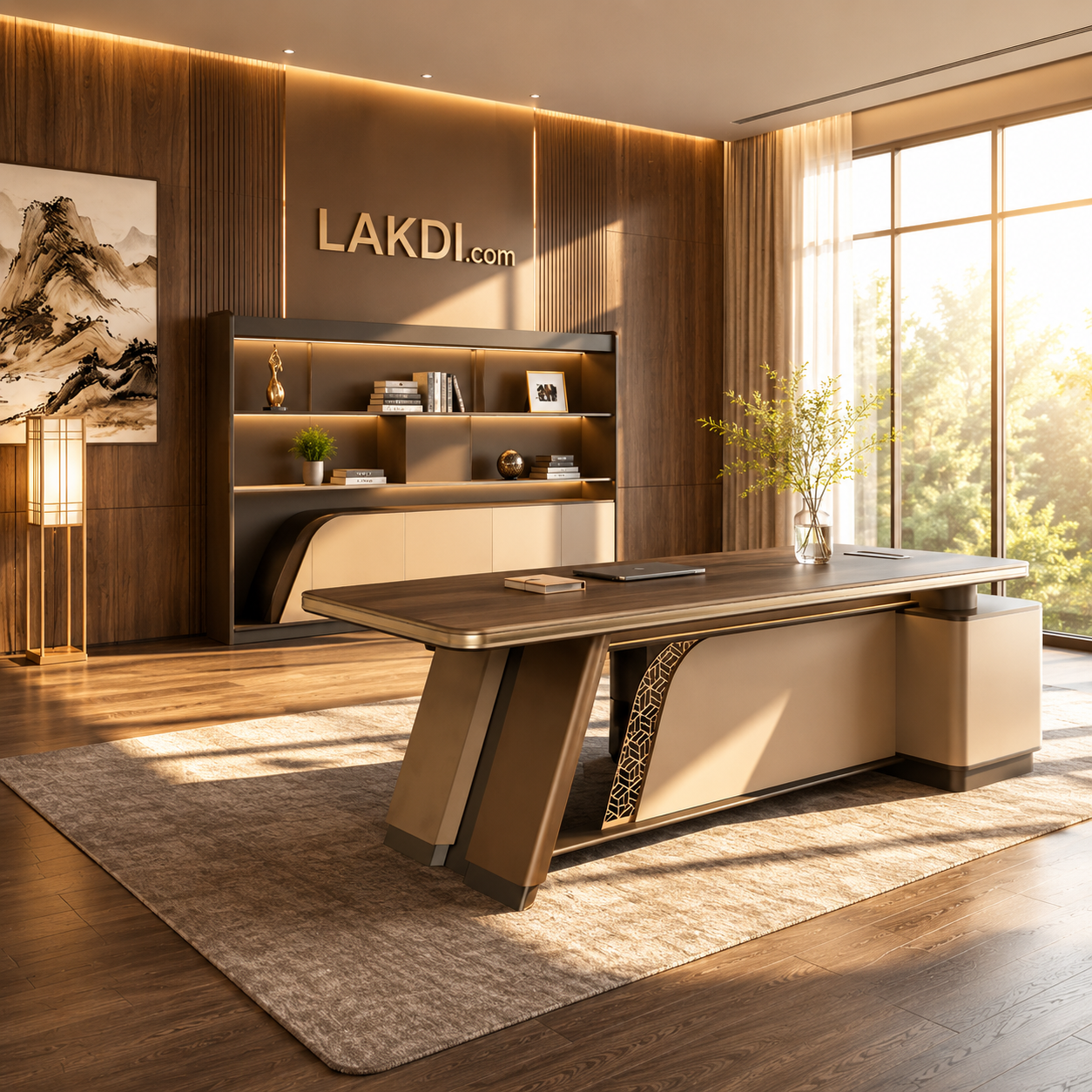 Luxury Executive CEO Director Desk - Marble Finish L-Shape Office Table with PU Leather Inlay and Integrated Storage Cabinet
