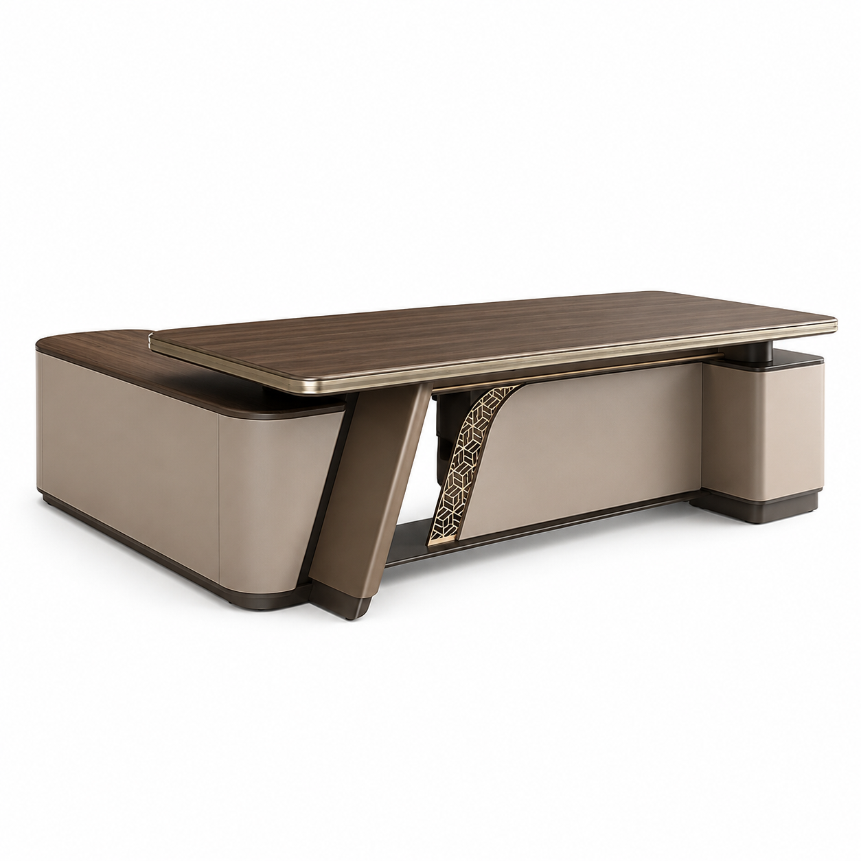 Luxury Executive CEO Director Desk - Marble Finish L-Shape Office Table with Inlay and Integrated Storage Cabinet