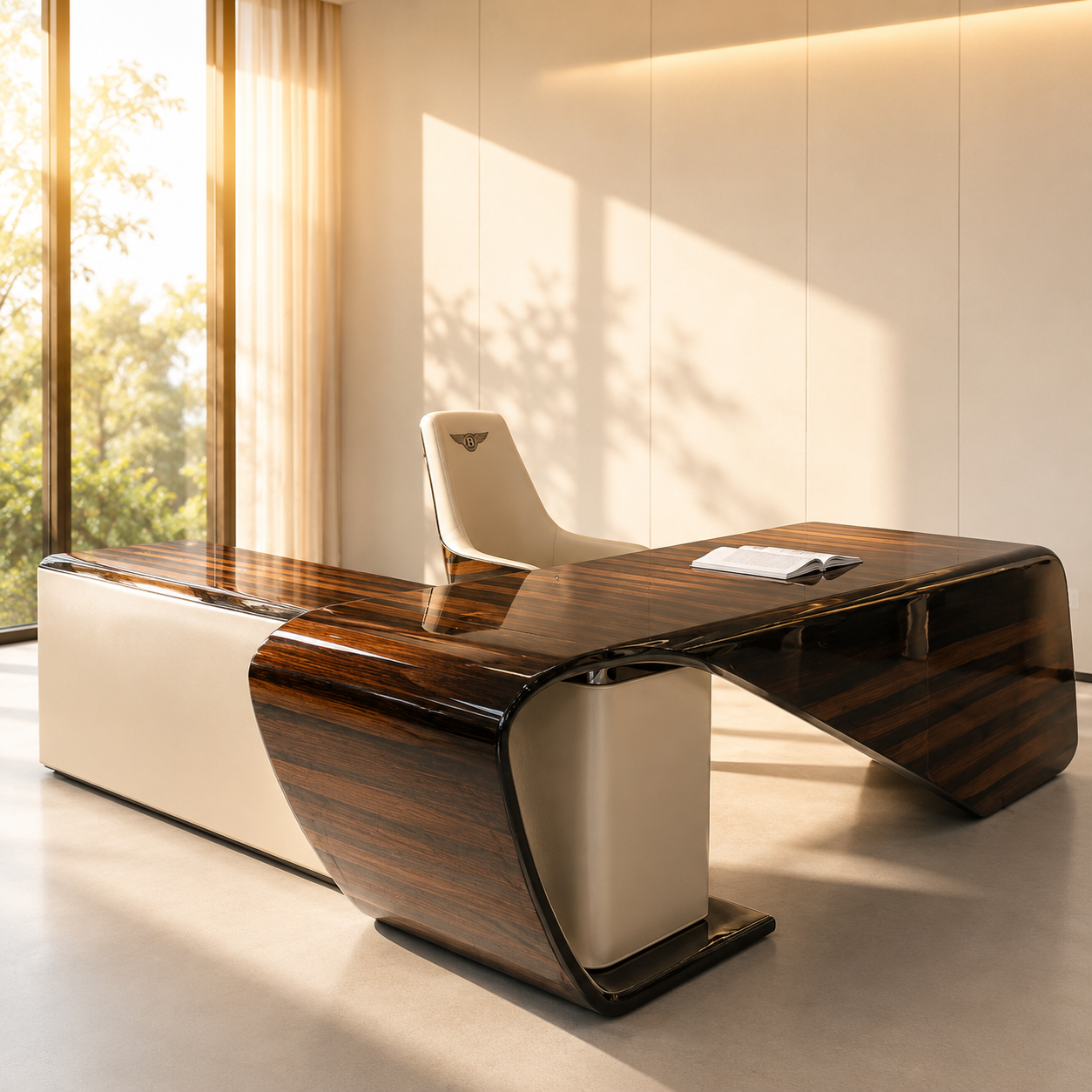 Executive CEO Director Desk - Marble Finish L-Shaped Office Table with PU Leather Inlay & Integrated Side Storage