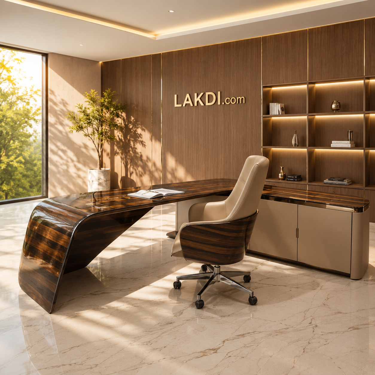 Executive CEO Director Desk - Marble Finish L-Shaped Office Table with PU Leather Inlay & Integrated Side Storage