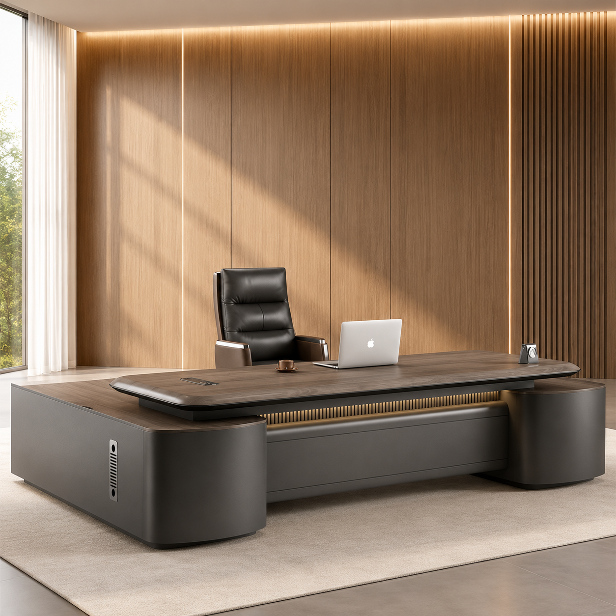 Modern Director Office Desk – Premium MDF with Marble Texture Laminate, Ergonomic PU Leather Top & Large Management Workspace