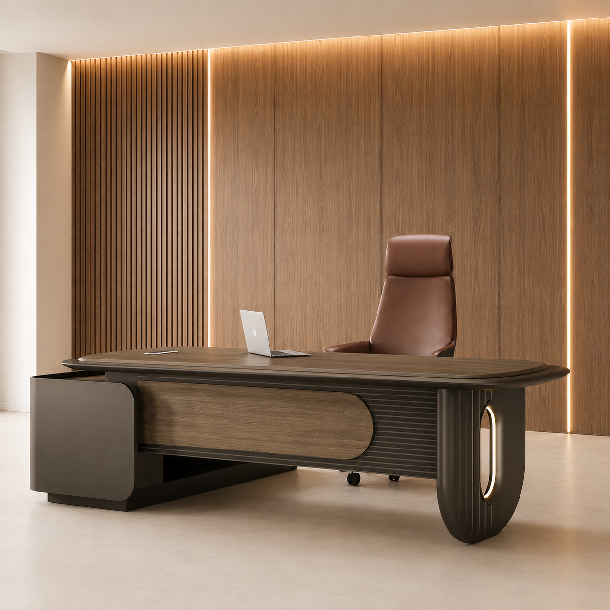 Modern Management Office Table – Premium MDF with White Marble Texture, Luxury PU Finish & Ergonomic Large Director Desk
