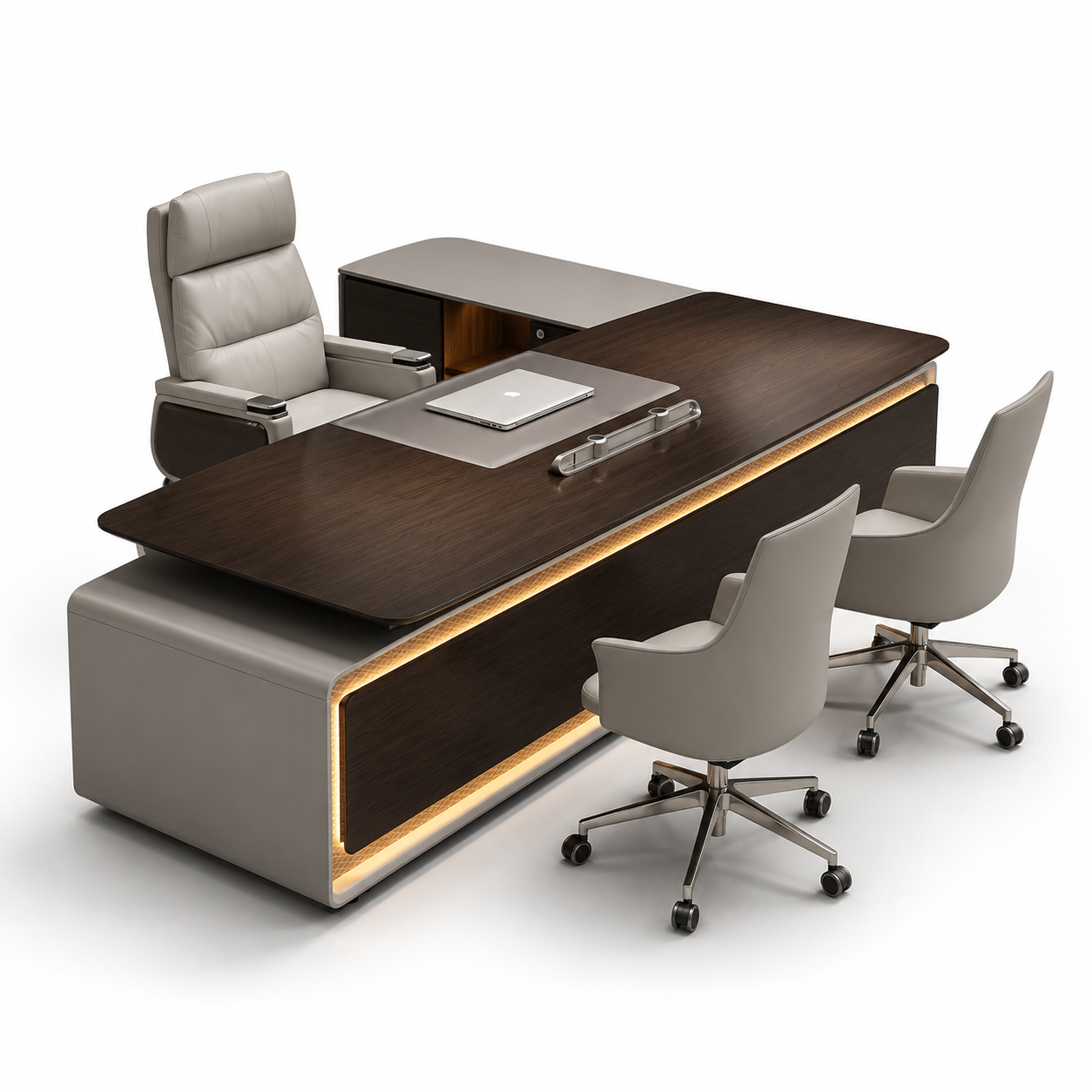 Executive CEO Director Desk - Marble Finish L-Shaped Office Table with PU Leather Writing Pad & Integrated Storage Sideboard