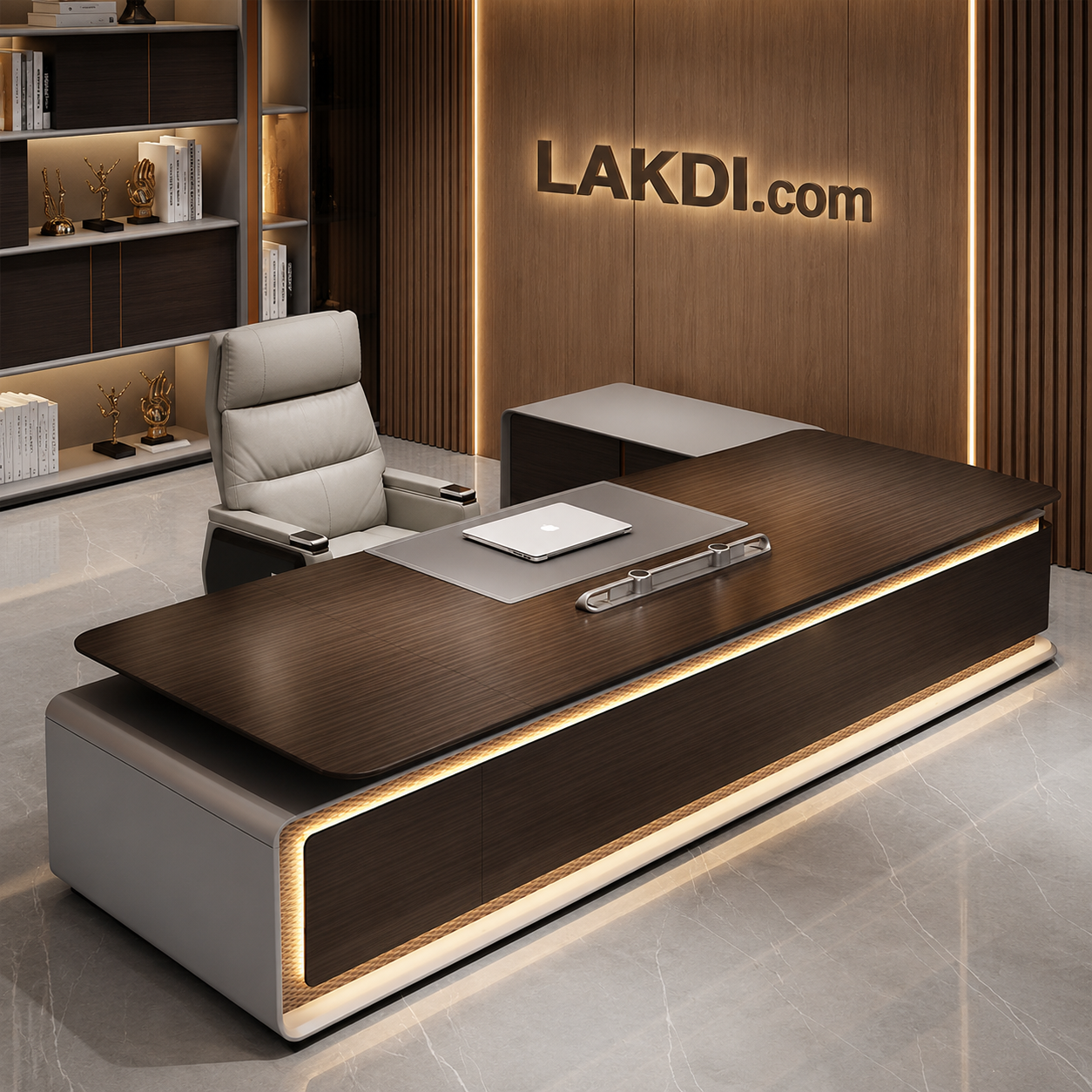 Executive CEO Director Desk - Marble Finish L-Shaped Office Table with PU Leather Writing Pad & Integrated Storage Sideboard