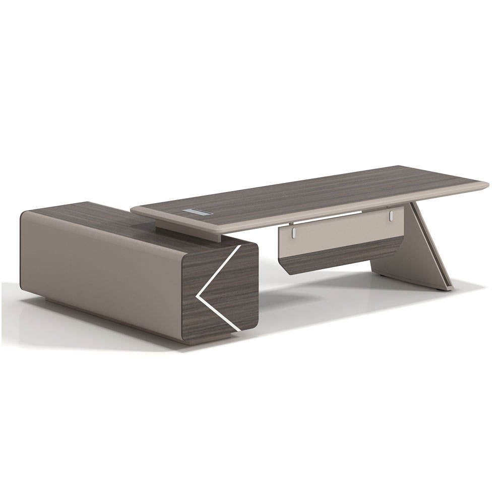Marble Finish L-Shaped Executive Table with PU Leather Writing Pad & Integrated Sideboard Storage Cabinet
