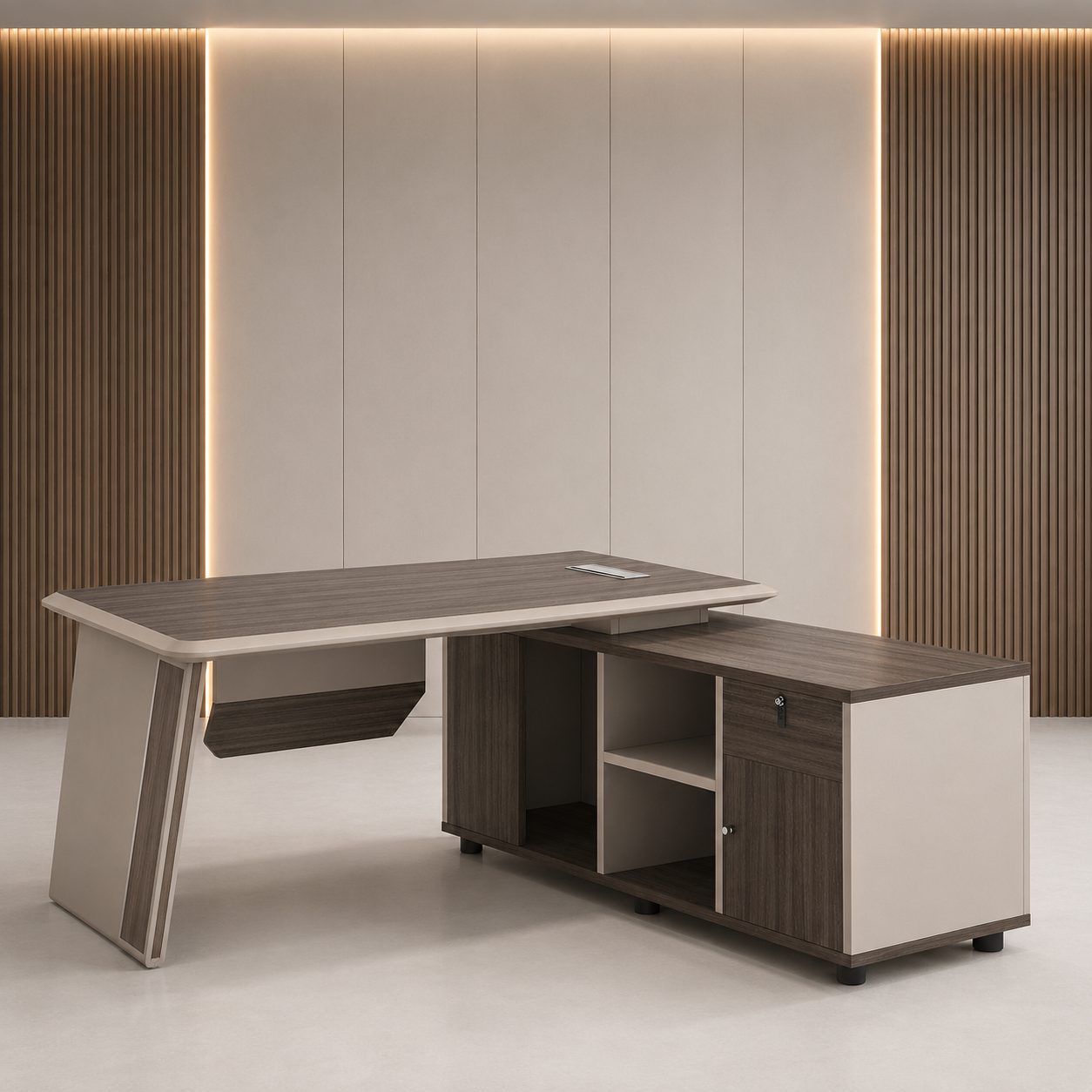 Marble L-Shaped Executive Table with Leather Writing Pad And Integrated Sideboard Storage