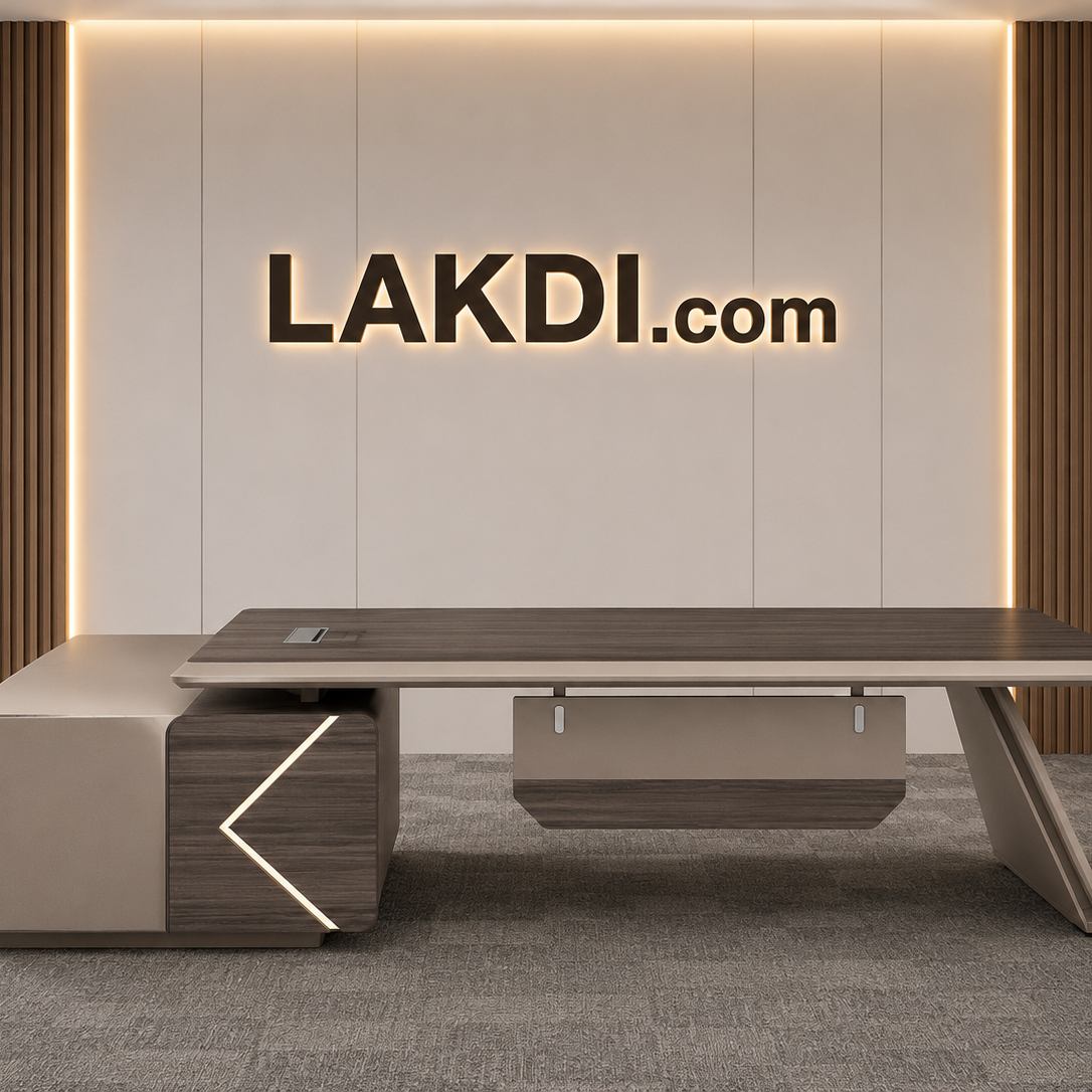 Marble Finish L-Shaped Executive Table with PU Leather Writing Pad & Integrated Sideboard Storage Cabinet