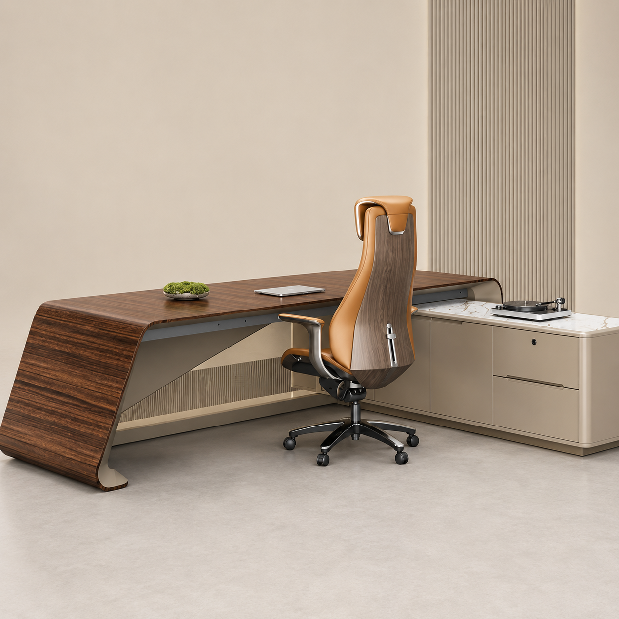 Office Table – Premium MDF with Marble Texture Laminate, Luxury PU Finish Accents & Ergonomic Large Boss Workstation