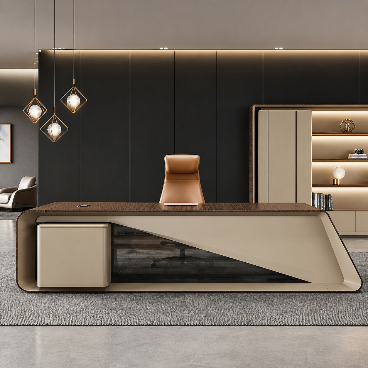 Office Table – Premium MDF with Marble Texture Laminate, Luxury PU Finish Accents & Ergonomic Large Boss Workstation
