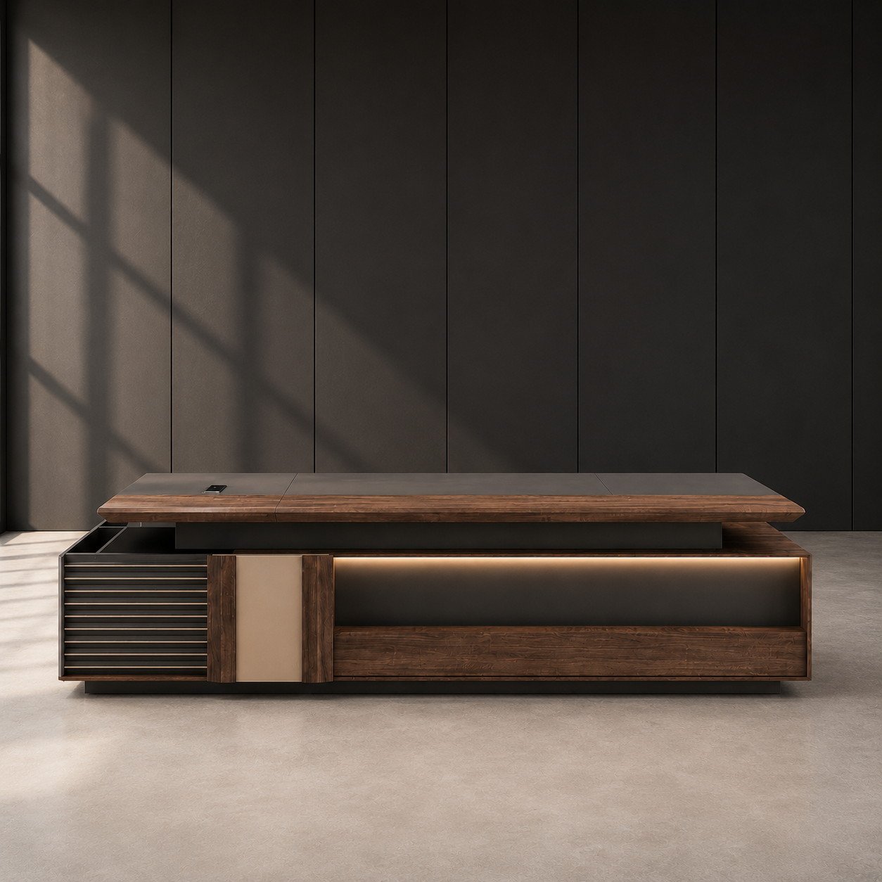 L-Shaped CEO Table – Modern Executive Office Desk with Dark Walnut Wood Finish, Floating Tabletop & Premium Side Storage Workstation