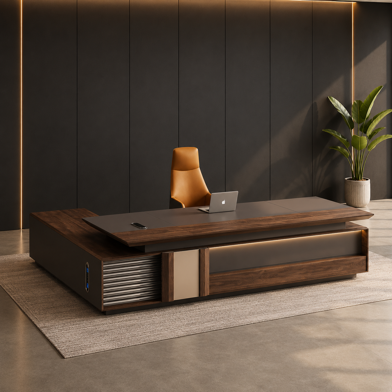 L-Shaped CEO Table – Modern Executive Office Desk with Dark Walnut Wood Finish, Floating Tabletop & Premium Side Storage Workstation