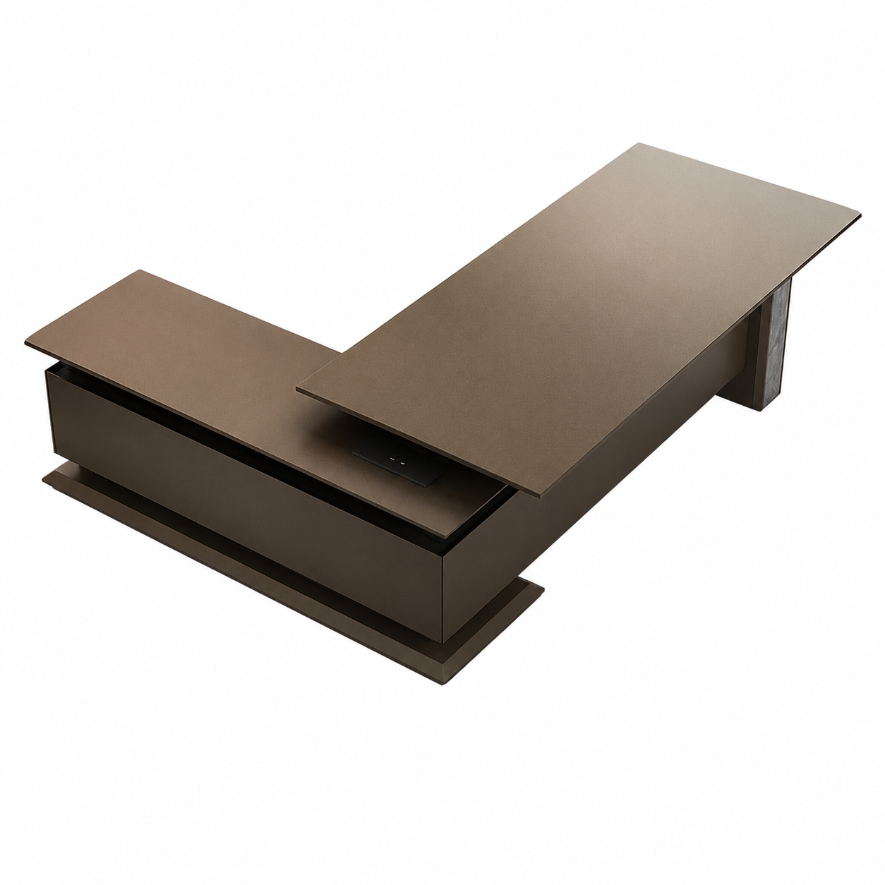 Director Table Imperial L-Shape CEO Table – Modern Executive Office Desk with Dark Walnut Wood Finish, Floating Matte Black Top
