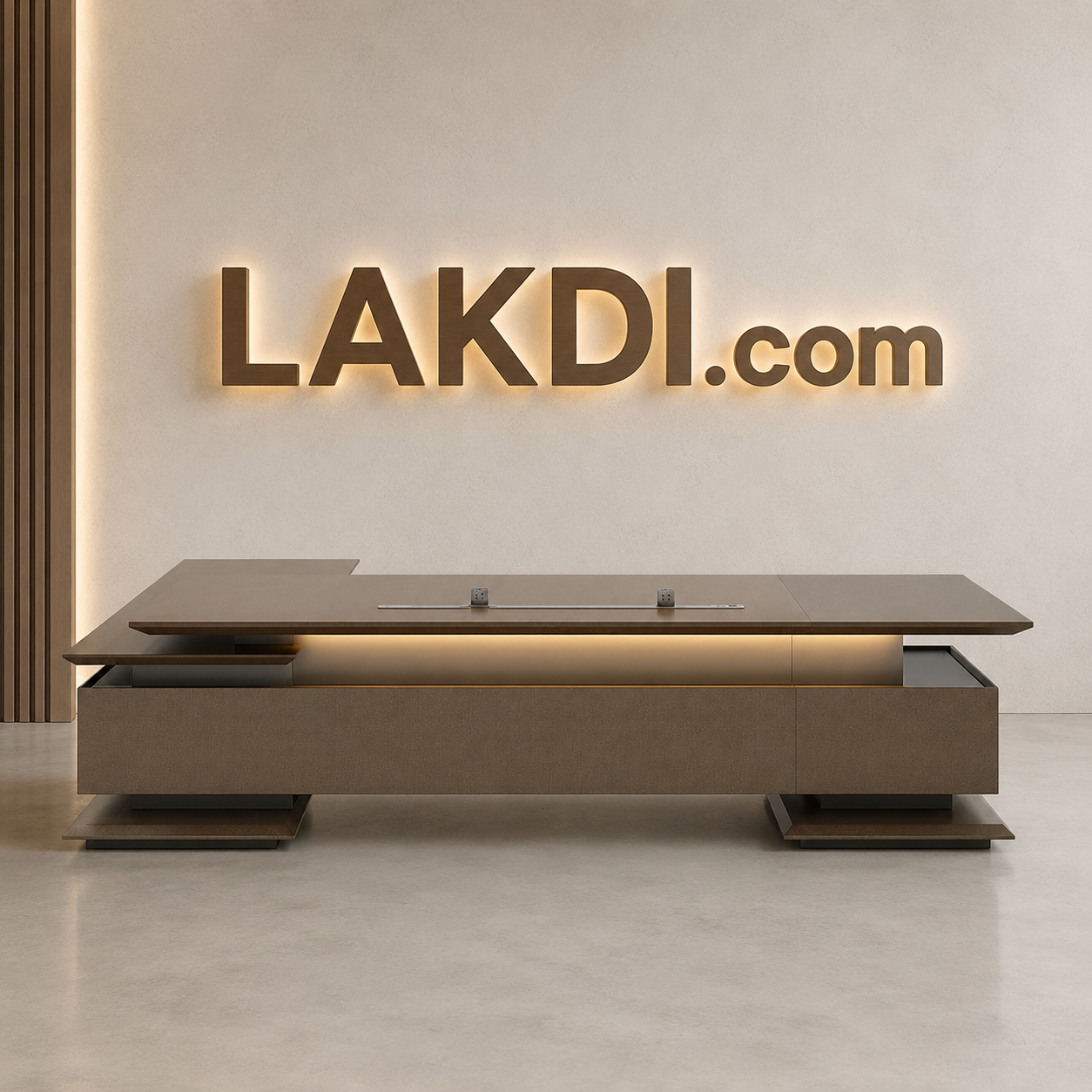 Director Table Imperial L-Shape CEO Table – Modern Executive Office Desk with Dark Walnut Wood Finish, Floating Matte Black Top
