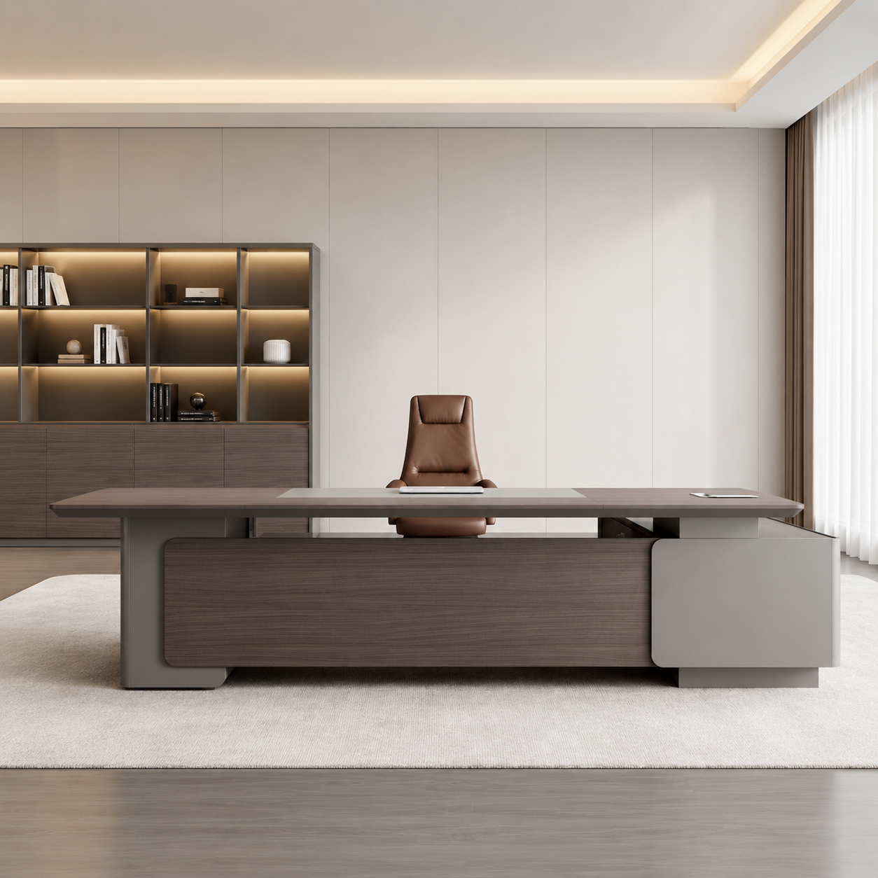 Modern Executive Office Table for Cabin & Workspace | MDF with Laminate and PU Finish | Luxury Ergonomic Manager Desk with Side Storage Unit